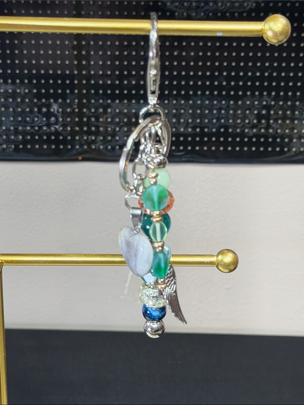 Silver-Plated Green Beaded Charm Keychain with Wing and Heart D11